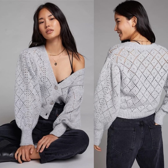 Anthropologie Maeve gray pointelle knit cardigan jewel rhinestone buttons small - Picture 2 of 8